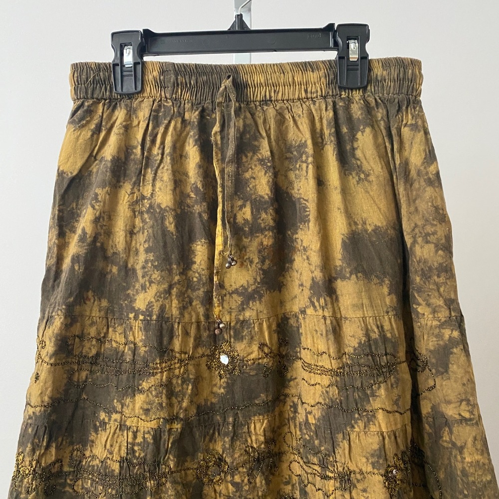 Cotton Boho Lagenlook Earth Colors Tie Dye Beaded Midi Skirt S Brown - Picture 2 of 5